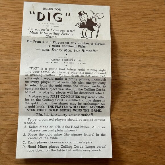 Vintage Parker Brothers Game Dig, A Lively Action Game, Copyright 1940 - Picture 10 of 13